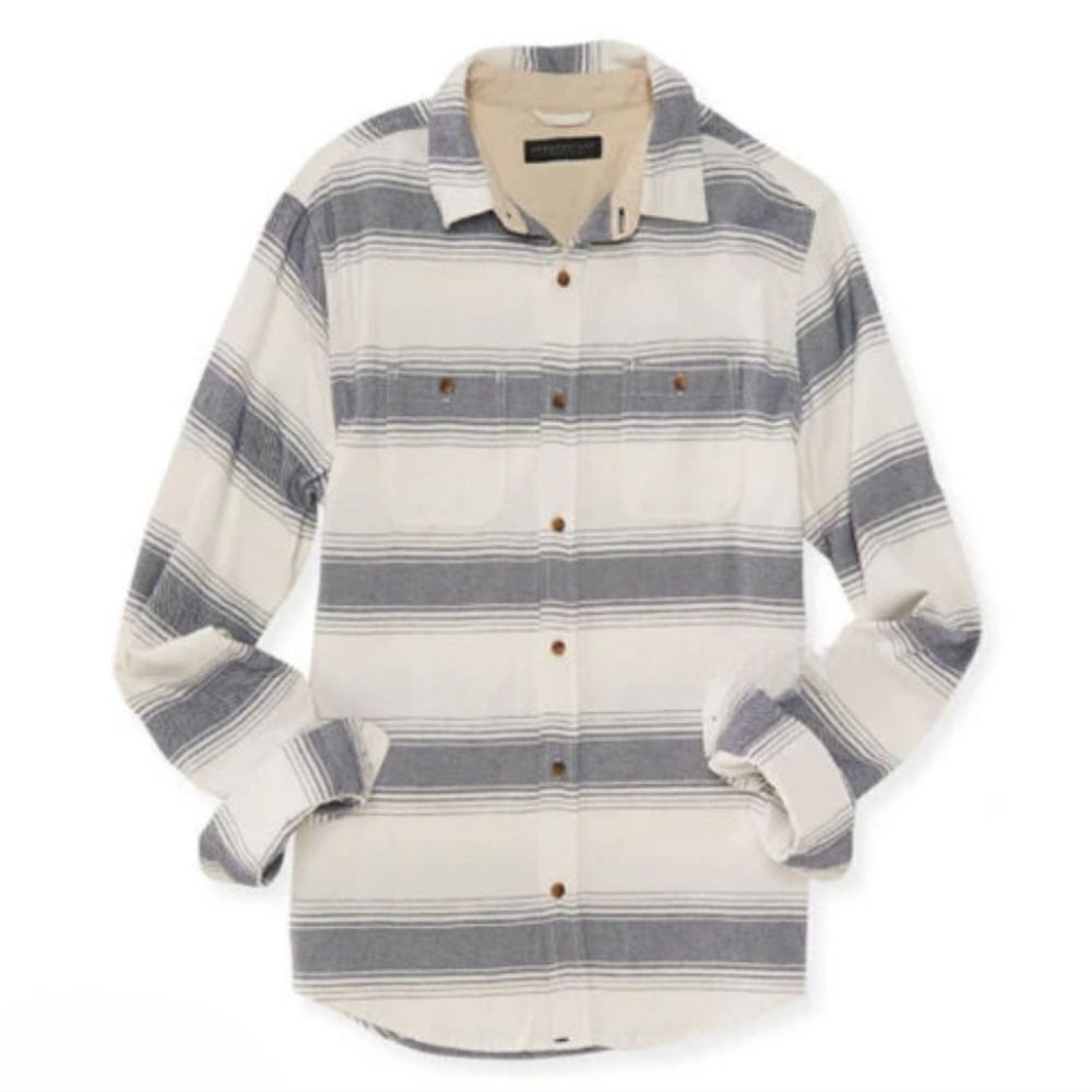 Aeropostle Men's Long Sleeve Button-Down Navy Striped Woven Cotton Shirt